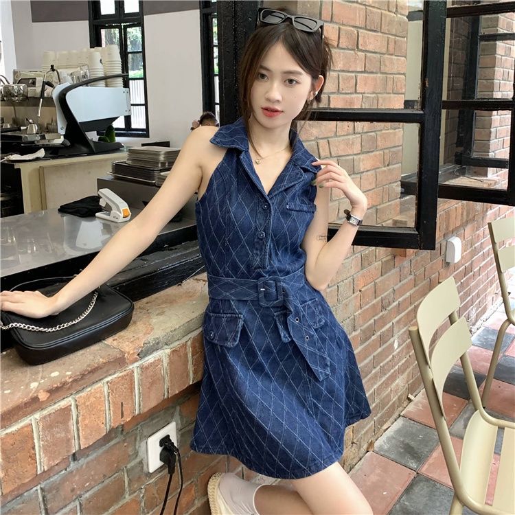 Đầm Denim Sát Nách Cổ Bẻ Nhấn Eo Thời Trang Mùa Hè Phong Cách Hàn Quốc Mới