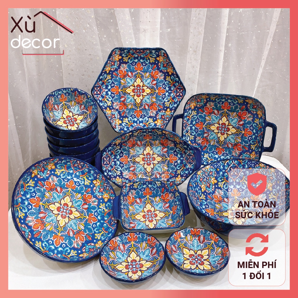 Bộ bát đĩa sứ hoa văn thổ cẩm, men sứ bóng cao cấp, hoa văn nhiều màu sắc độc đáo, dùng được với lò vi sóng
