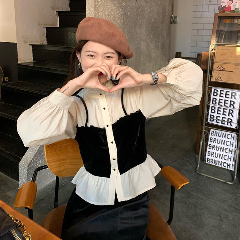 COZOKC Áo Sơ Mi Tay Dài Cổ Đứng Phối Màu Tương Phản Phong Cách Vintage