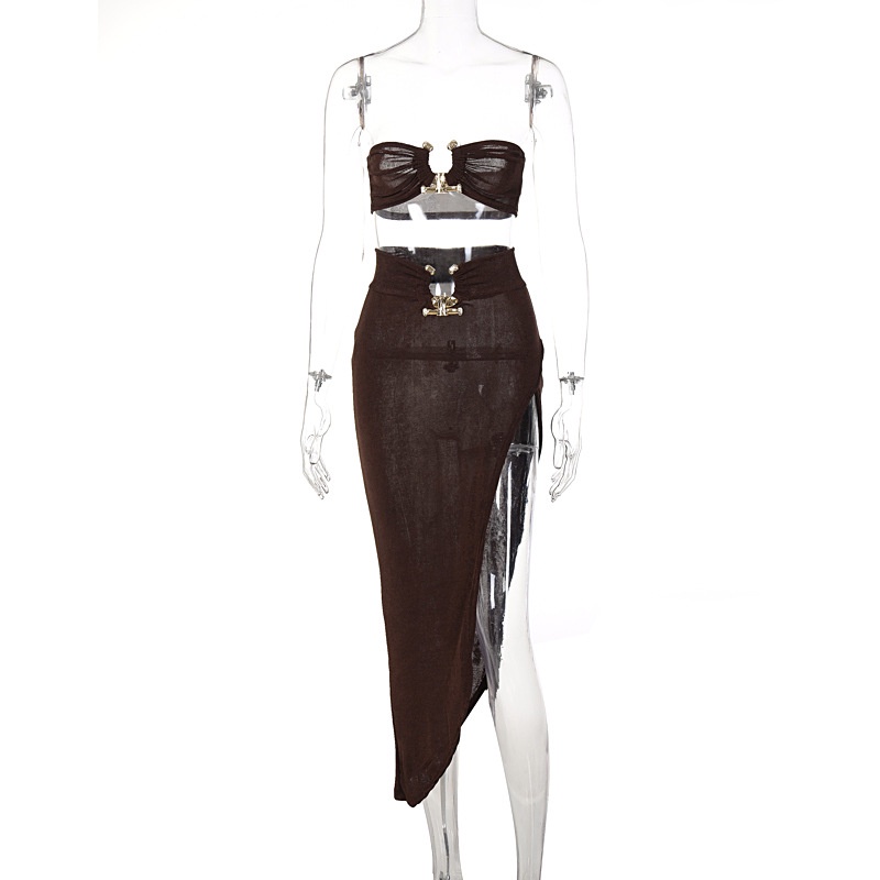 Set 2 Món Gồm Áo Ống Croptop Trễ Vai Và Chân Váy Xẻ Tà Quyến Rũ Cho Nữ