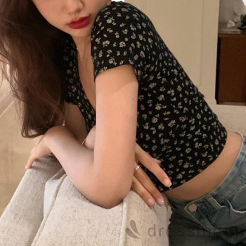 Áo ôm dáng cổ chữ V tay ngắn in họa tiết hoa thanh lịch thời trang mùa hè cho nữ