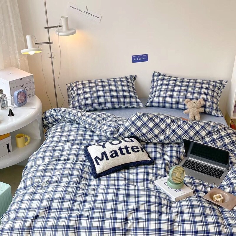 Bộ Chăn Ga Gối ❤️ Cotton living 100% cao cấp đủ size ga giường họa tiết kẻ miễn phí bo chun nhập khẩu Hàn Quốc
