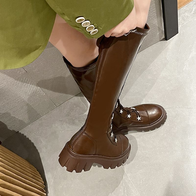 Oeteo Giày Bốt Cổ Cao Đế Dày Khóa Kéo Sau Cá Tính Cho Nữ