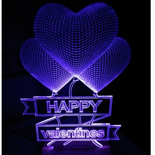 Đèn Led 3D chọn màu theo ý - Đế gỗ - Happy valentines