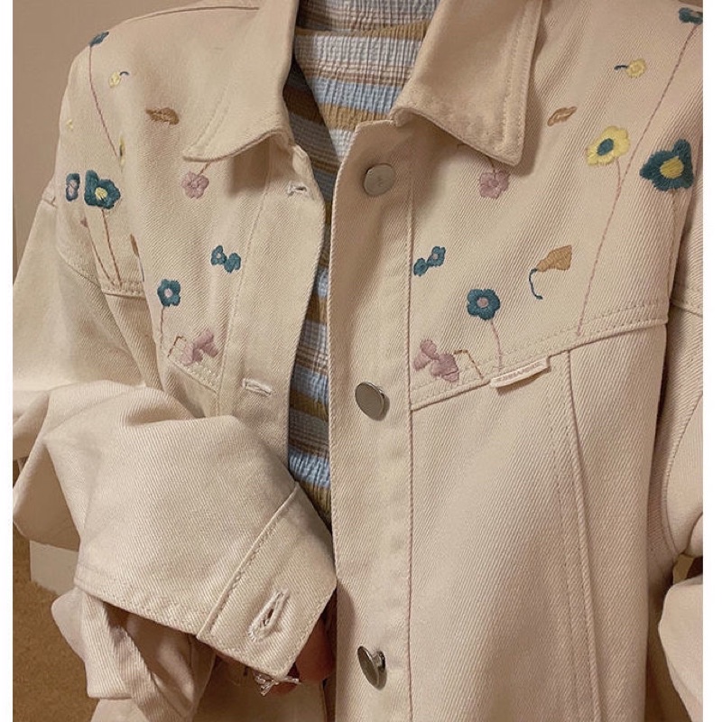 Áo khoác jean hoa nhí phong cách Hàn Quốc màu be order taobao ulzzang
