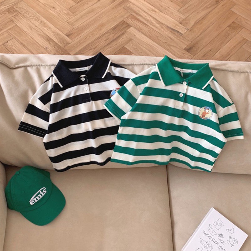 Áo Thun polo Cotton Nguyên Chất Ngắn Tay Họa Tiết Hoạt Hình Phong Cách Phương Tây Nhật Hàn Cho Bé Trai Gái