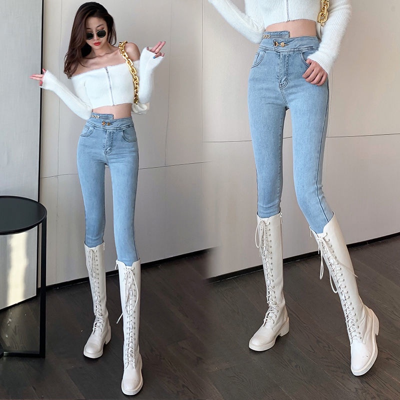 Quần Jean Dài Lưng Cao Co Giãn Thời Trang Xuân Thu Mới 2021 Cho Nữ