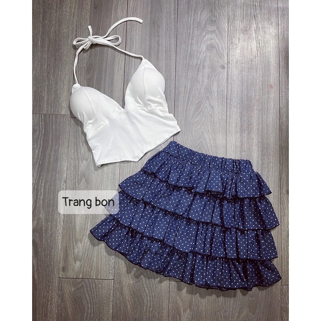 Set áo dây yếm + chân váy jean tầng