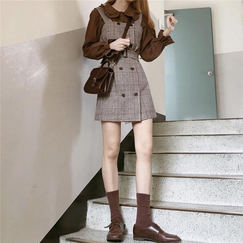 Autumn and Winter New Academy Style Age Reducing Design Shirt Plaid Strap Dress Small Two Piece Suit