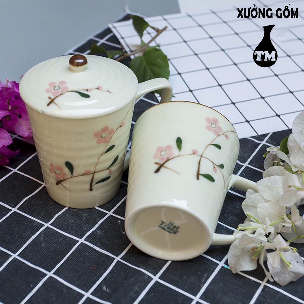 Combo Cốc Ly Uống Nước Có Nắp Họa Tiết Vẽ Tay 350ml Xưởng Gốm TM Bát Tràng