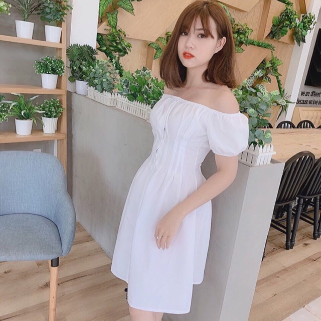 Đầm xô trắng nhún eo