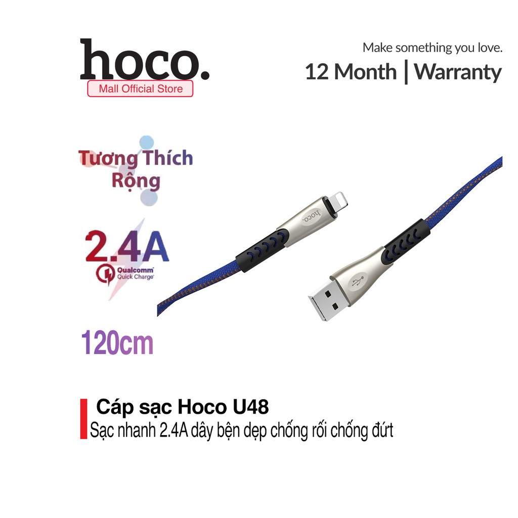 Cáp sạc nhanh Hoco U48 cho điện thoại dây dù chống đứt ( Hỗ trợ sạc nhanh 2.4A Max, dài 1.2m )