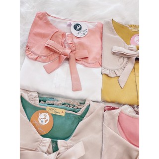 Bộ lụa Pijama - Bộ Lụa Tay Dài Tiểu Thư Cổ Phối Bèo Nơ