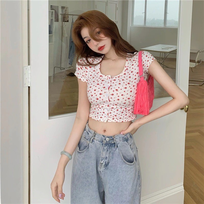Áo croptop nữ Quảng Châu [VIDEO+ẢNH THẬT] Áo kiểu nữ tay ngắn dáng crt hoa nhí nhập Taobao phong cách trẻ trung - có sẵn | BigBuy360 - bigbuy360.vn