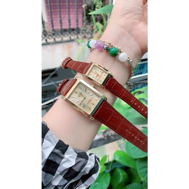 Đồng Hồ Cặp Đôi Nam Nữ Orient Dây Da Mặt Chữ Nhật , Kính sapphire Size Nam 30 x 34, size nữ 20x24