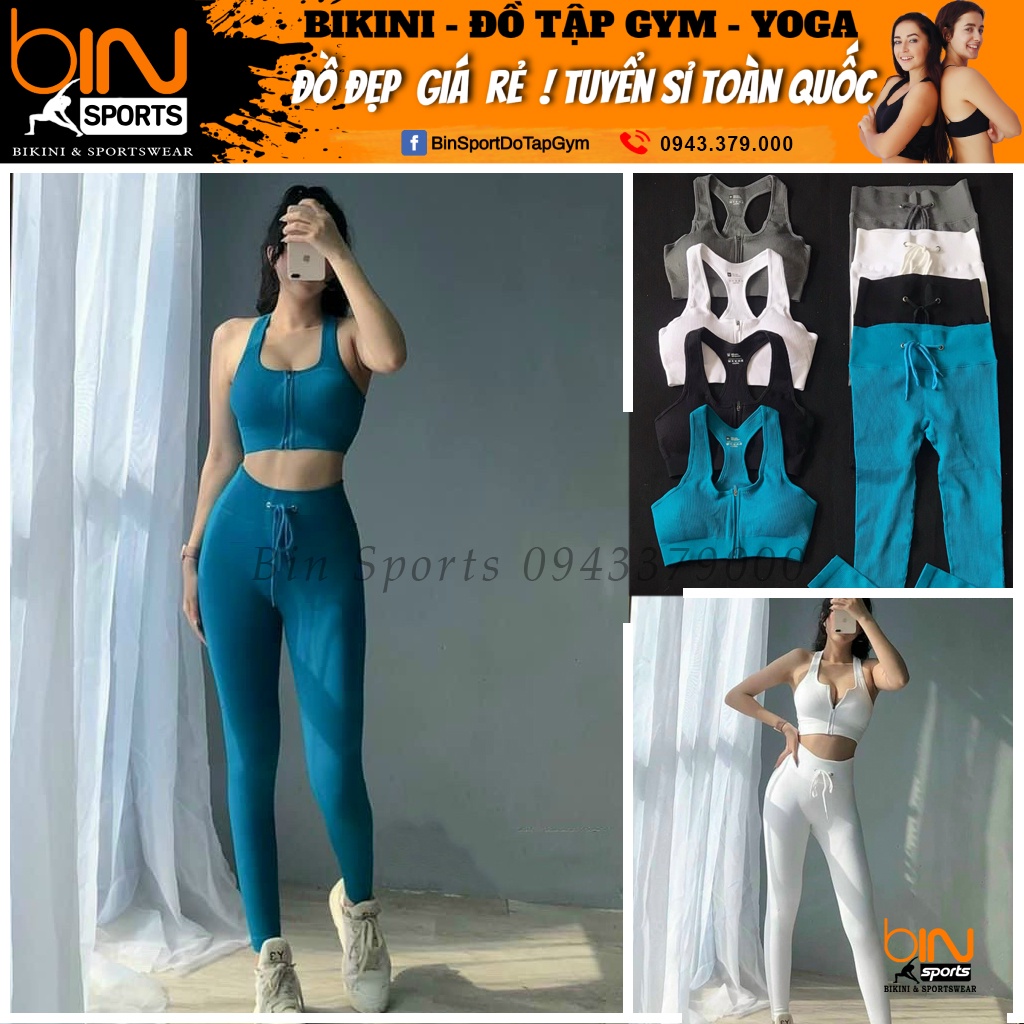Đồ tập gym yoga nữ, set bộ dệt kim thun gân áo bra khóa kéo kèm mút quần dài nâng mông tôn dáng cao cấp Bin Sports BD150