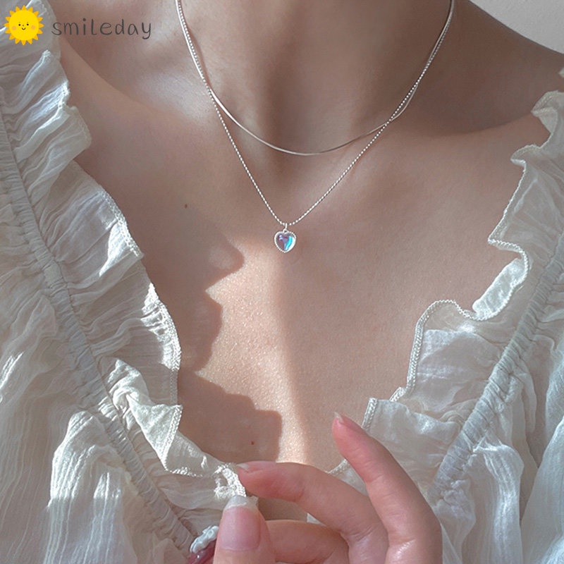 Multilayer Heart Moonstone Pendant Necklace Silver Chain Choker Jewelry Accessories