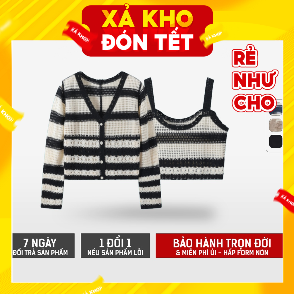 Set Áo Khoác Nữ Len Lưới Sọc Ngang Cá Tính Jussy Fashion Áo Cardigan Len Nữ Gồm Áo Khoác Ngoài Phối 2 Dây Bên Trong