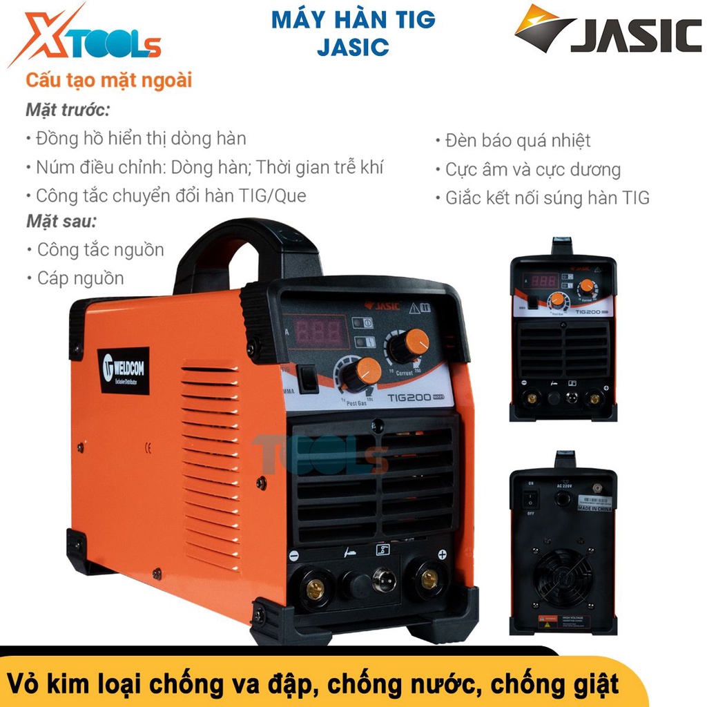 Máy hàn tig Jasic TIG 200S (W223) hàn tig và hàn que dòng hàn từ 10-200A/6.6 KVA, chống giật [CHÍNH HÃNG][XTOOLS]