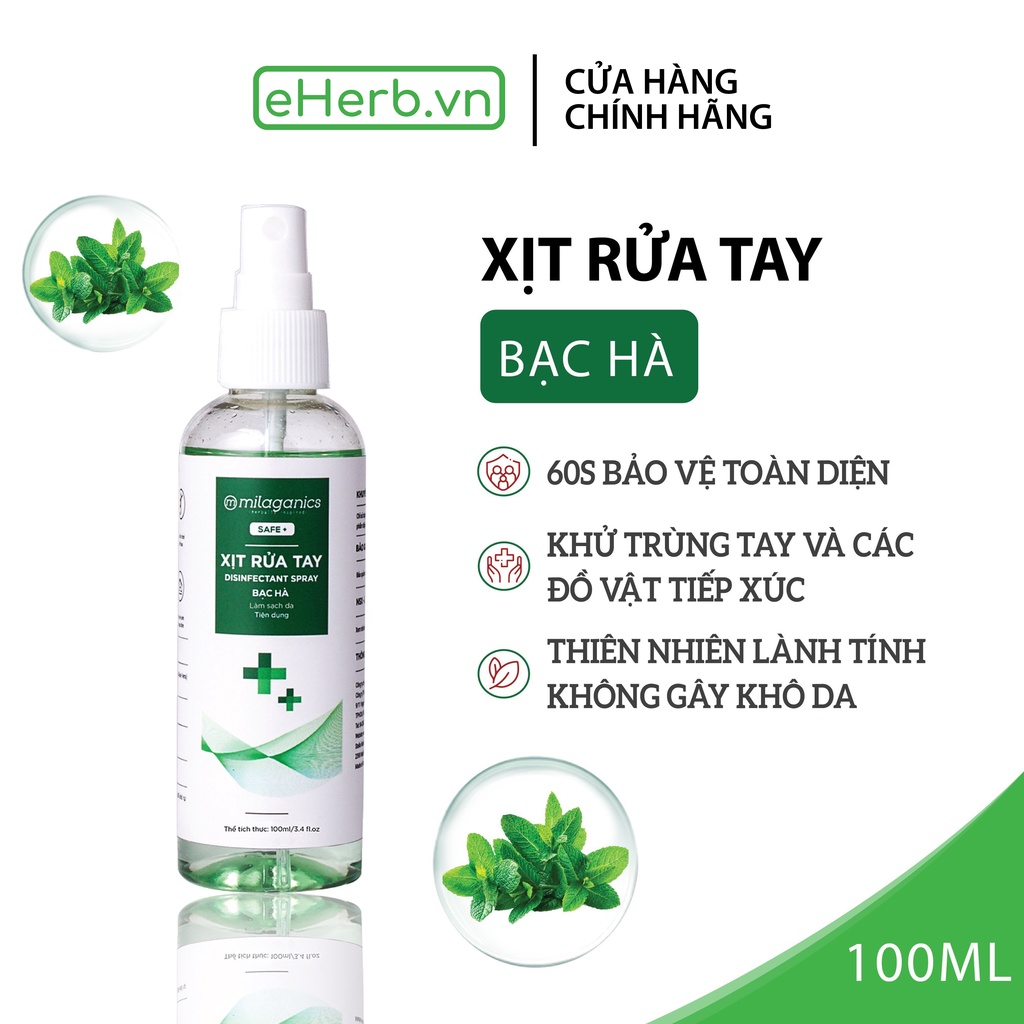 Nước rửa tay khô bạc hà sạch khuẩn, không gây khô da MILAGANICS 100ml (chai)