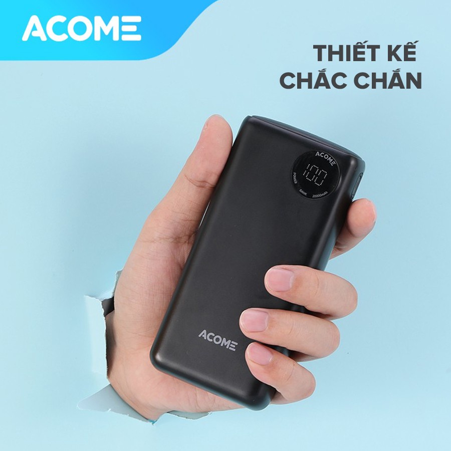Pin sạc dự phòng 20.000mAh ACOME AP202, hỗ trợ sạc nhanh VOOC, led hiển thị dung lượng pin, hai cổng sạc nhiều thiết bị