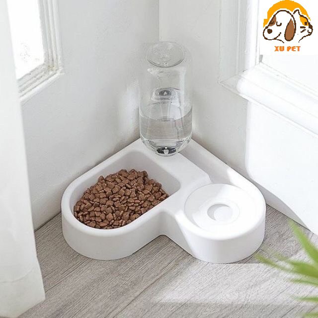 Bát Ăn Kèm Bình Nước Tự Động Dâng Nước Cho Chó Mèo - Bát Ăn Đôi Góc Tường Cho Chó Mèo
