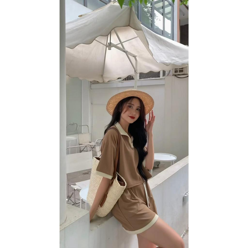 Bộ áo polo dáng ngắn mix sooc tổ ong phối viền nữ [FREESHIP] Set cộc tay kiểu hàn quốc bánh bèo tiểu thư ulzzang