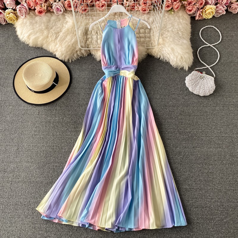 Váy Maxi Đầm Đi Biển Dáng Yếm Xếp Ly Loang Màu Thời Trang Độc Đáo (ODER)