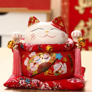 Mèo thần tài đỏ 21cm Phát đại bội thu/ Tấn tài tấn lộc gốm sứ