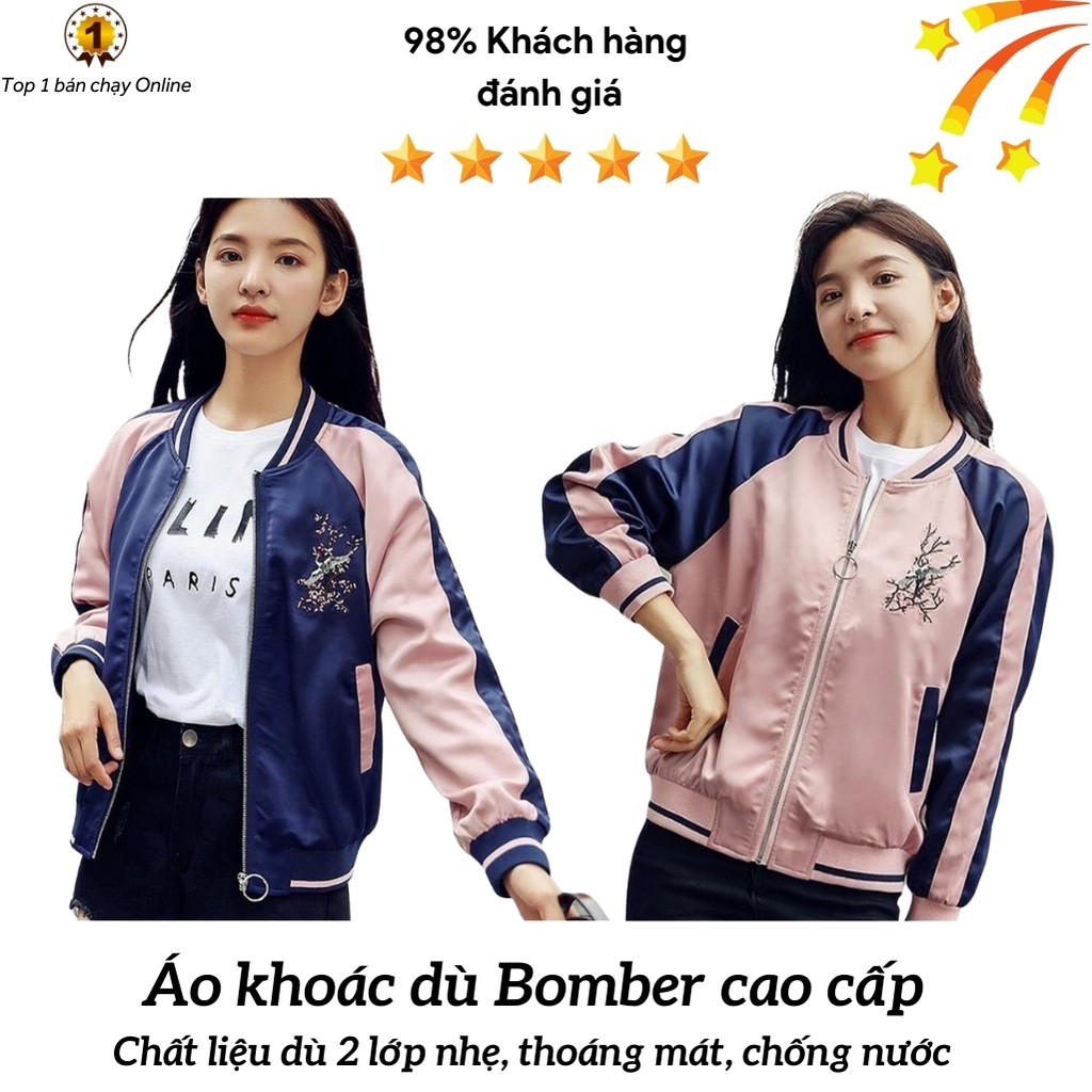 Áo khoác dù Bomber dây kéo thêu hoa anh đào KD14 [ FREESHIP ]