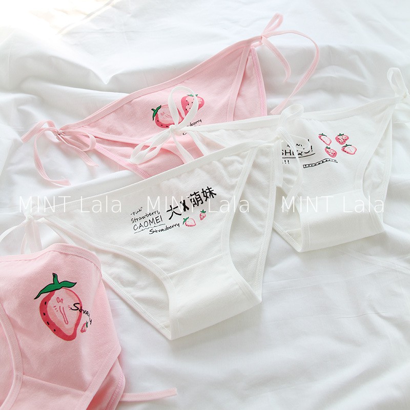 Quần Lót Nữ Buộc Dây Màu Hồng Trắng Hình Dâu Cute