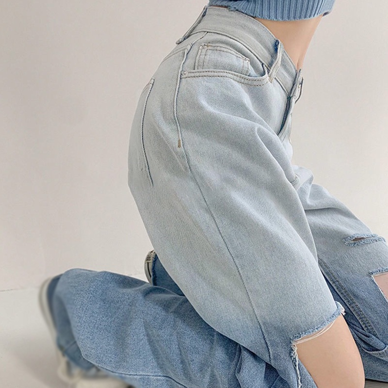 Quần jean dài lưng cao ống rộng phối rách màu gradient phong cách retro Âu Mỹ cá tính cho nữ