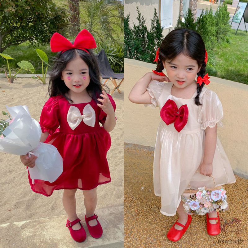 Đầm Công Chúa Tay Phồng Cổ Vuông Thắt Nơ Phong Cách Hàn Quốc Xinh Xắn Cho Bé Gái