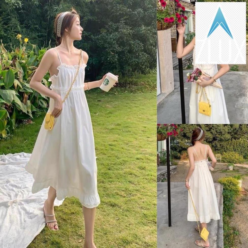 Đầm maxi trắng đi biển, Váy 2 dây hở lưng Cao Cấp phong cách Vintage thiết kế dáng xòe dài qua gối - MiNhi .