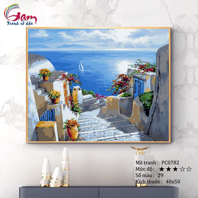 Tranh sơn dầu số hoá phong cảnh bờ biển Địa Trung Hải Santorini  tự tô màu theo số PC0782