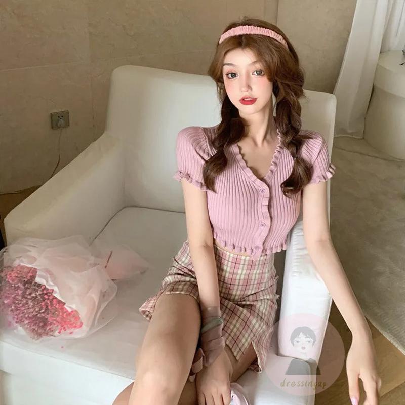 Áo Thun Dệt Kim Ngắn Mỏng Trang Trí Nút Áo Màu Trơn Cho Nữ