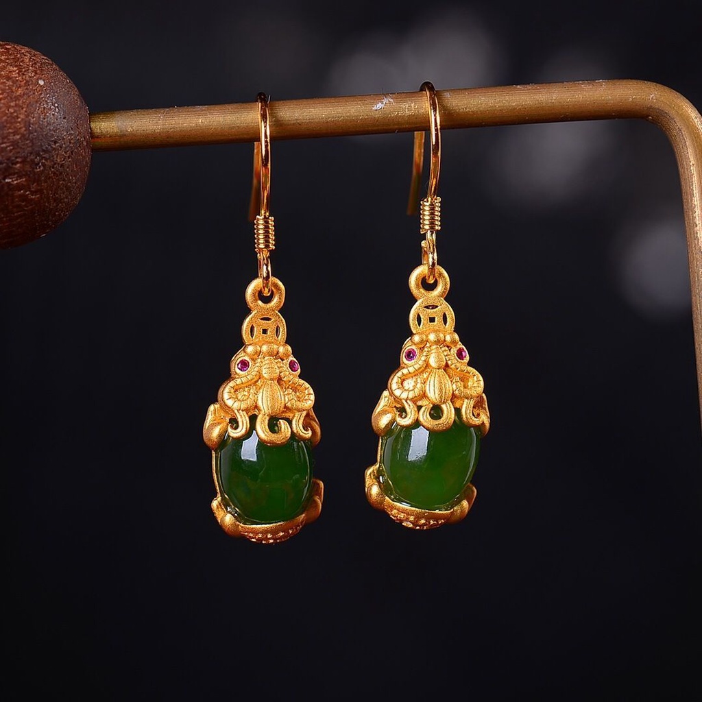 Đôi bông tai Panaopen bằng bạc 925 đính đá ngọc bích xanh lá tự nhiên phong cách Hàn Quốc retro thời trang cho nữ