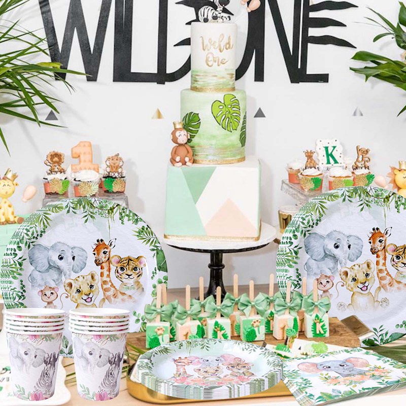 Bộ 25 Dụng Cụ Ăn Và Đĩa Giấy In Họa Tiết Động Vật Rừng Xanh Cho Em Bé