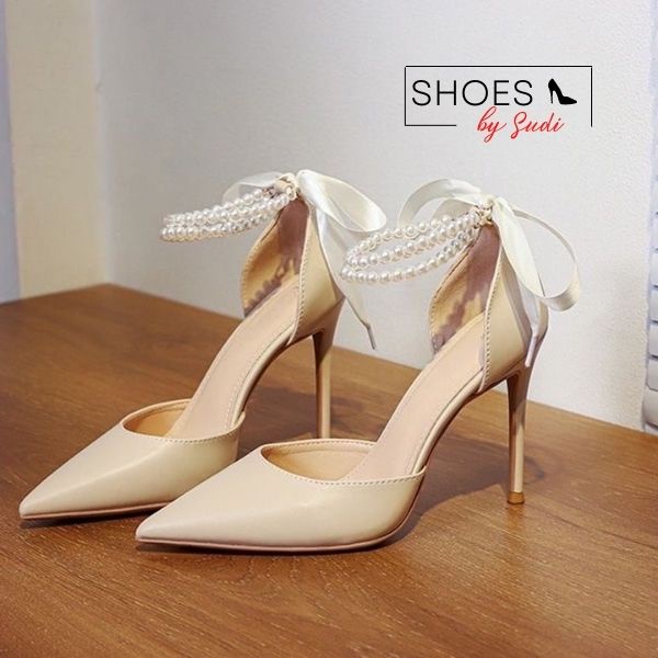 Giày cao gót 9p bít mũi có quai ngọc thắt nơ phía sau 2 màu trắng đen tiểu thư SUDI SHOSE TH139-BCF