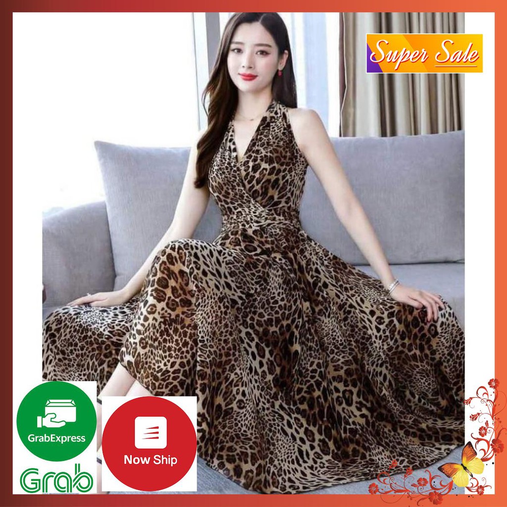 Đầm Xoè Da Báo Cổ Dắp Chéo - Váy Maxi Đi Biển, Đi Dạo Voan Lụa Nhập 2 Lớp Cho Nàng Yêu Kiều Quảng Châu