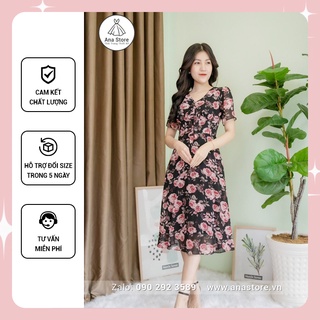 Đầm thiết kế ANA STORE LA13 voan Hàn đen hoa hồng
