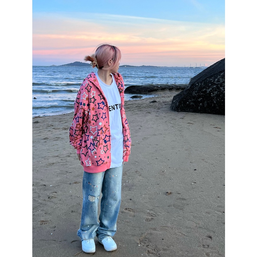 Áo Hoodie Tay Dài Dáng Rộng In Hình Ngôi Sao Năm Cánh Phong Cách Preppy Dễ Phối Đồ