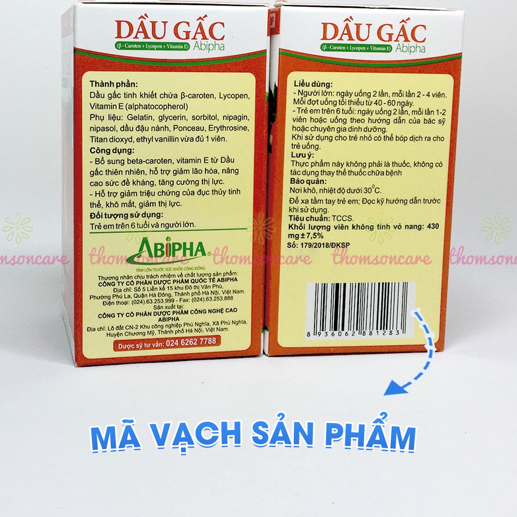 Dầu Gấc Abipha lọ 100 viên - bổ sung Vitamin A - sáng mắt đẹp da từ tinh dầu gấc nếp, ngăn ngừa lão hóa