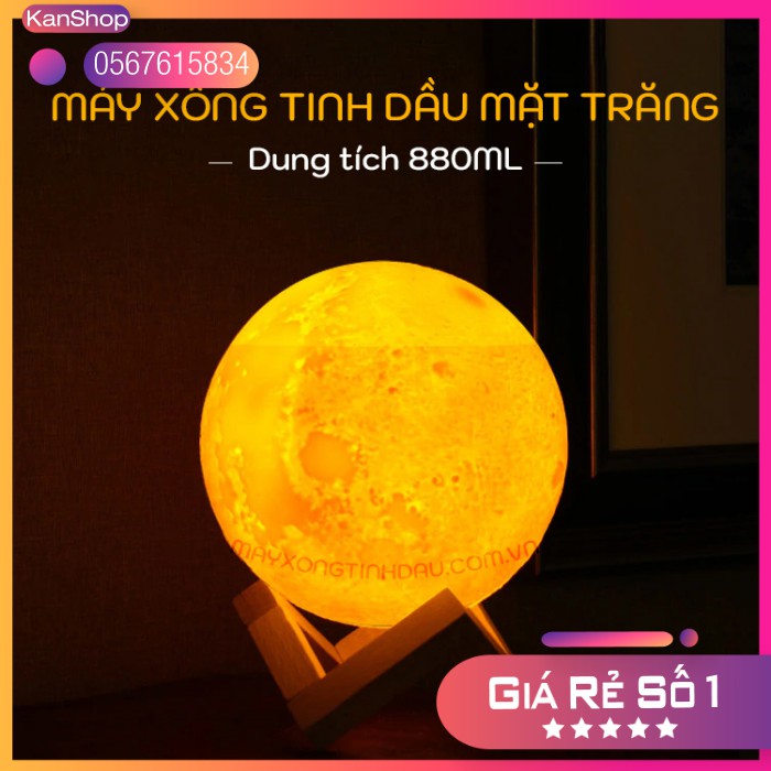 Máy xông tinh dầu, tạo độ ẩm hình Mặt trăng 880ml kiêm đèn ngủ lung linh (có đế gỗ đi kèm)