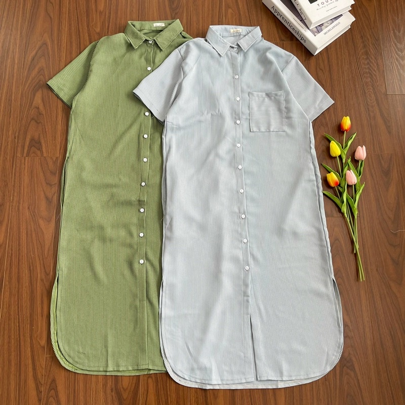 ĐẦM SƠMI TAY NGẮN FABRI DRESS thiết kế hoạ tiết kẻ sọc form suông rộng oversize mặc thoải mái style ullzang hàn quốc