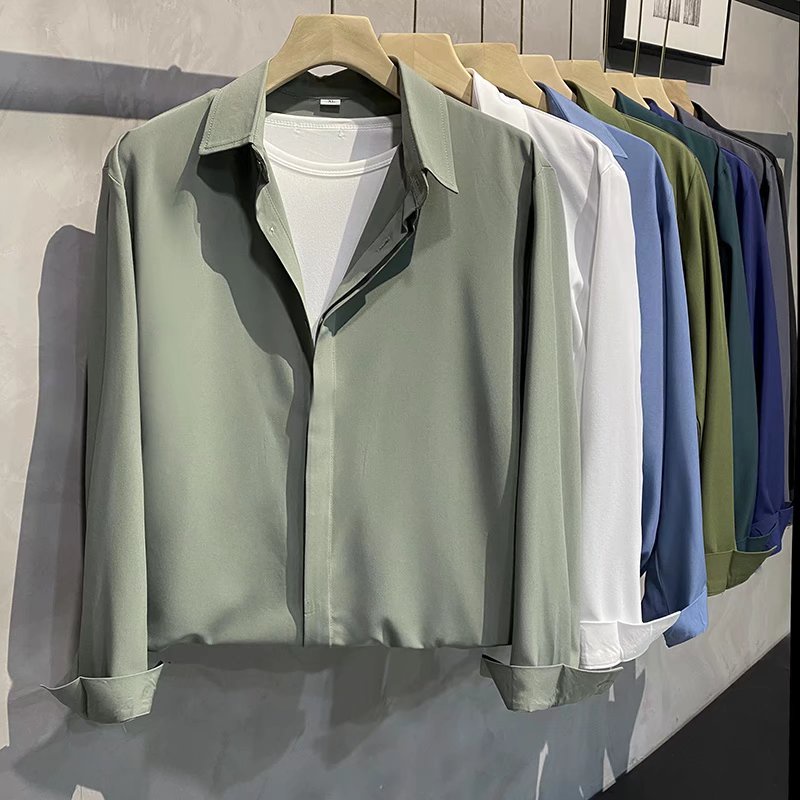Áo Sơ Mi Tay Dài Bằng polyester Màu Trơn Phong Cách Hàn Quốc Thời Trang Cho Nam