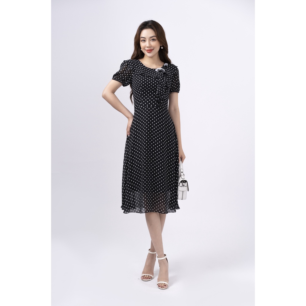 Đầm thiết kế cao cấp FIONA váy công sở nữ họa tiết hoa nhí cổ tròn bèo rủ 1 bên đính hoa trang trí F452240