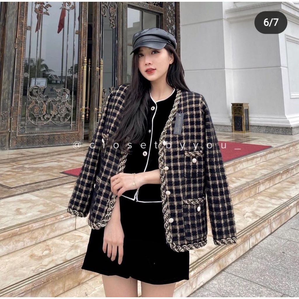 Áo dạ tweed nữ dáng ngắn Caro buộc nơ - Elly Clothings
