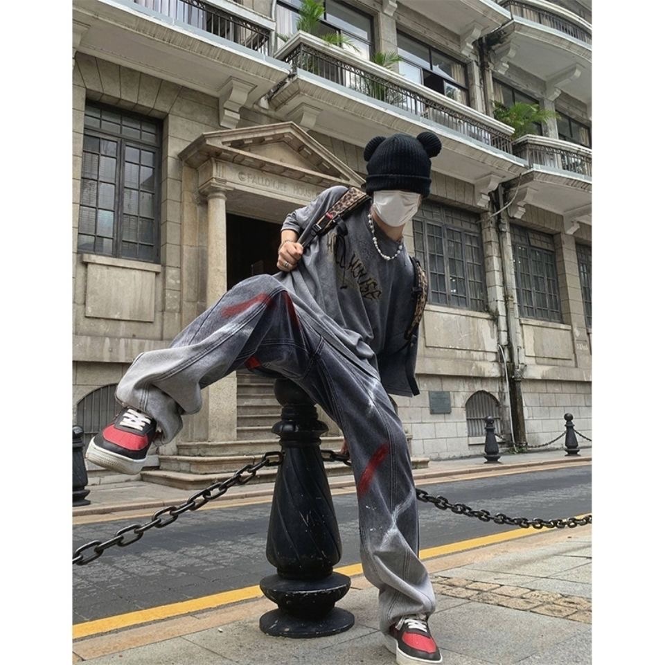 Quần jean ống rộng unisex hình thêu vảy sơn phong cách đường phố