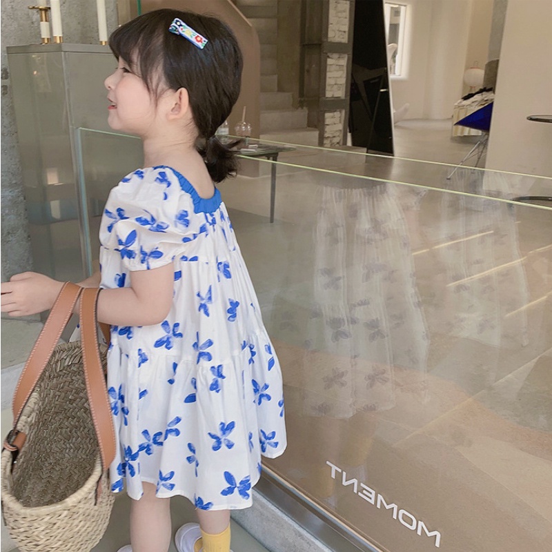 váy cho bé gái Đầm Tay Phồng Cổ Vuông Họa Tiết Bướm Xanh Thời Trang Mùa Hè Cho Bé Gái 1-6 Tuổi